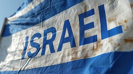 Close-Up of Weathered Israeli Flag, Highlighting the Word 'Israel' Under Blue Sky