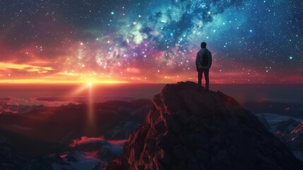 Viewers on a mountain summit at sunset marvel as the Milky Way emerges, bridging the gap between day and night, Sharpen realistic cinematic color high detail landscape background