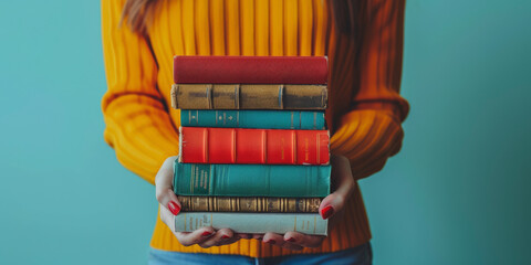 A person in a yellow sweater holds a stack of colorful books against a blue background, suggesting a love for reading and collecting literature.