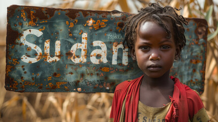 Young African Girl Standing Near Rusty Metal Sign Reading 'Sudan'