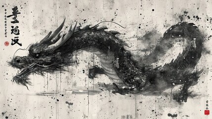 Dynamic Ink Painting of A Chinese Dragon with Splatter Effects and Calligraphy Elements