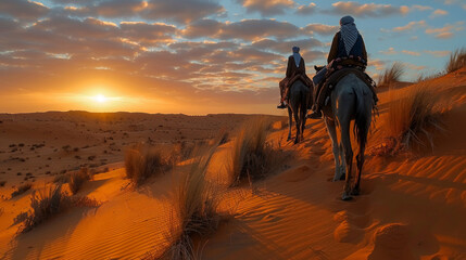 Sahrawi Nomads Riding Camels at Sunset in the Sahara Desert