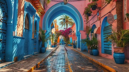 Vibrant Moroccan Street in Chefchaouen with Blue Walls and Colorful Flowers