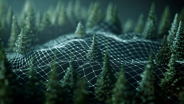 Tracking trees growing from a 3D topographical grid. Background for drone or LIDAR company.