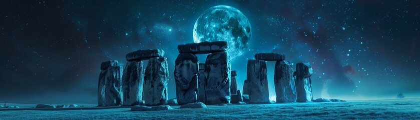 The moons glow highlights the center of Stonehenge, creating a magical atmosphere 8K , high-resolution, ultra HD,up32K HD - obrazy, fototapety, plakaty