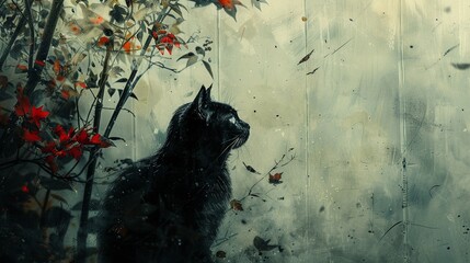 A black cat against a white background, depicted in a Japanese art style 8K , high-resolution, ultra HD,up32K HD