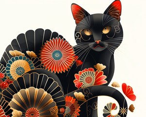 A black cat illustrated in the elegant Japanese style, contrasting beautifully with a white background 8K , high-resolution, ultra HD,up32K HD - obrazy, fototapety, plakaty