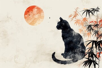 A black cat in the traditional Japanese art style, set against a serene white backdrop 8K , high-resolution, ultra HD,up32K HD - obrazy, fototapety, plakaty