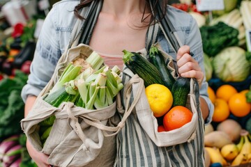 A person smiling while holding reusable shopping bags overflowing with fresh produced vegetables.