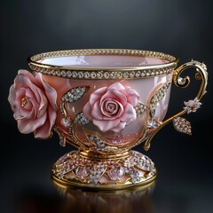 A cup depicted in 3D, showcasing a pink rose and luxurious diamond decorations 8K , high-resolution, ultra HD,up32K HD - obrazy, fototapety, plakaty