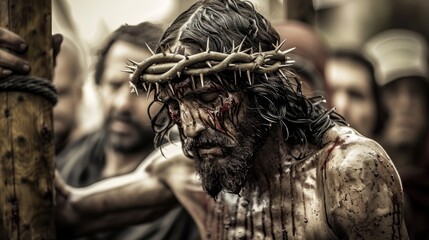 man with a crown of thorns on his head, portraying the depiction of Jesus Christ in his crucifixion on Mount Calvary. - obrazy, fototapety, plakaty