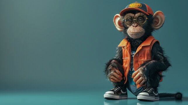 A cool and stylish teenage monkey character wearing sneakers and a baseball vest 8K , high-resolution, ultra HD,up32K HD