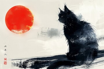A Japaneseinspired artwork featuring a black cat set against a pure white background 8K , high-resolution, ultra HD,up32K HD - obrazy, fototapety, plakaty
