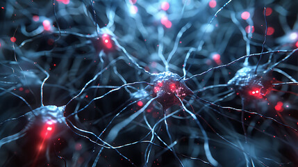 The image showcases a detailed and intricate network of neurons. Each neuron has multiple dendrites extending outward, creating an interconnected web - obrazy, fototapety, plakaty