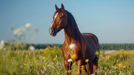 A majestic chestnut horse in a meadow, with wildflowers blooming and a clear blue sky above 8K , high-resolution, ultra HD,up32K HD - obrazy, fototapety, plakaty