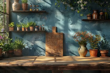 Wooden table adorned with plants in flowerpots and a vase of flowers