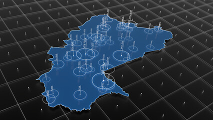 Burkina Faso blue map big data visualization. Futuristic infographic map. Information aesthetics. Complex visual data. Complex data graphic visualization. 3D render illustration.