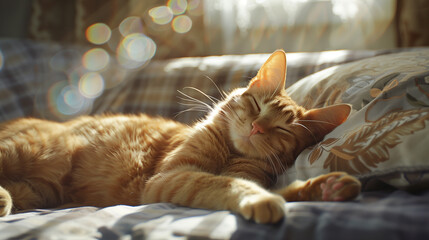 A cute ginger cat is lying on the sofa, basking in sunlight with its eyes closed and smiling...