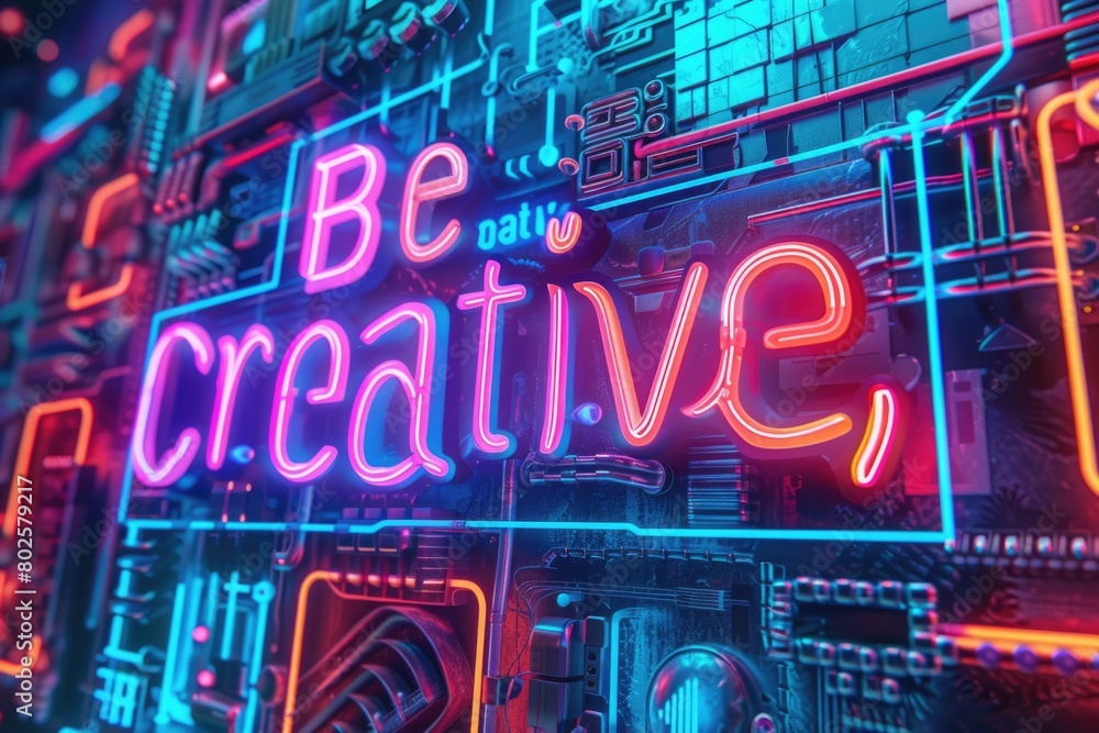 Poster letter of be creative in variant texture with bright light neon color in futuristic design with 3d d