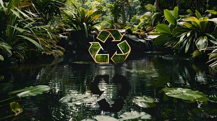 Naklejka premium A lake in the shape of a recycling sign in the middle of untouched nature. An ecological metaphor for ecological waste management and a sustainable and economical lifestyle. 3d rendering