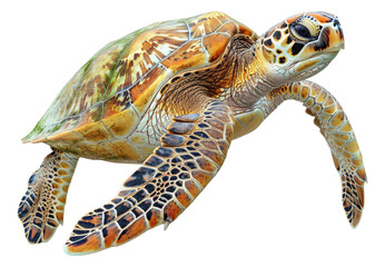 Fototapeta premium Colorful sea turtle swimming in clear waters isolated on transparent background