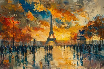 Spectacular art painting of Eiffel Tower in Paris at sunset