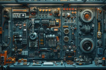 Wall covered in various electronic components and hardware equipment