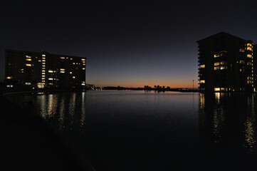 Modern building at the beach during the night (Algarrobo, Chile)