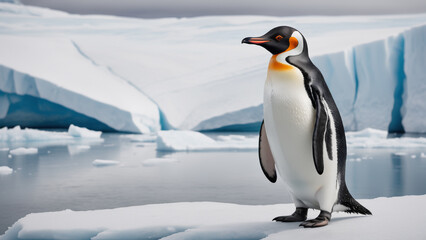 Naklejka premium Penguin standing on a glacier in Antarctica. - Generative AI