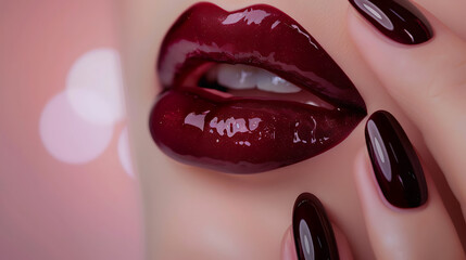 The image showcases a close-up of a person’s lips and nails, both adorned in a matching glossy burgundy shade - obrazy, fototapety, plakaty