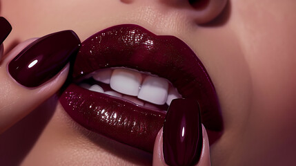 The image showcases a close-up of a person’s lips and nails, both adorned in a matching glossy burgundy shade - obrazy, fototapety, plakaty