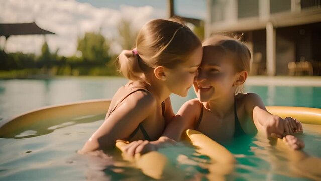 Two Young Girls Playing in a Swimming Pool Generative AI