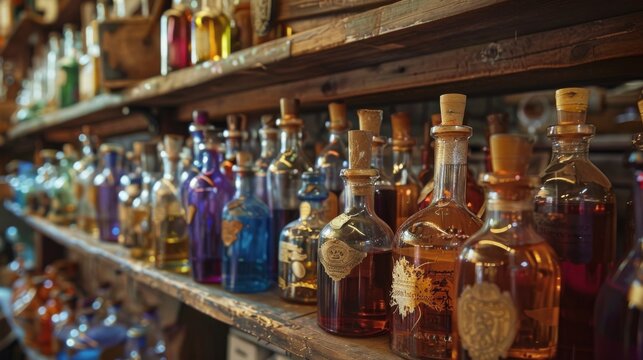 A mystical shop in a bustling marketplace displaying rows upon rows of glass bottles containing the coveted elixir of life their labels . .