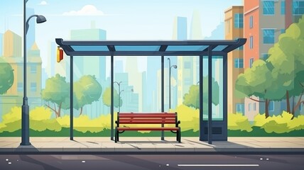 Vibrant cartoon illustration of a city bus stop on a sunny day, bustling with urban life