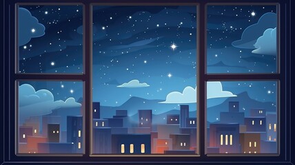 Cartoon illustration of a starry night view from a window overlooking a quiet town