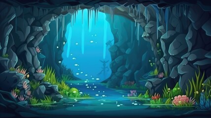 Enchanted underwater cartoon illustration of a mystical sea forest with vibrant marine flora