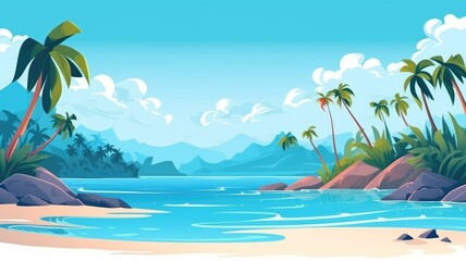 Cartoon illustration of a panoramic tropical island, with lush palms and serene sea, evoking a peaceful nature scene