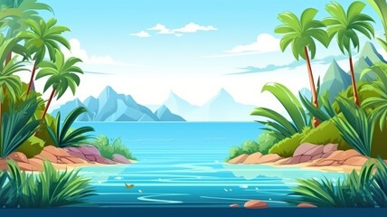 Fototapeta premium Cartoon illustration of a panoramic tropical island, with lush palms and serene sea, evoking a peaceful nature scene