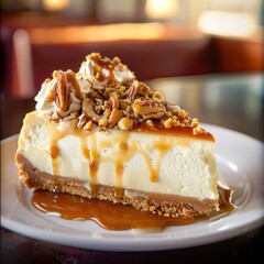 Banana Caramel Nut Cheesecake creamfilling is rich with mashed bananas, topped with a glossy, smooth caramel sauce