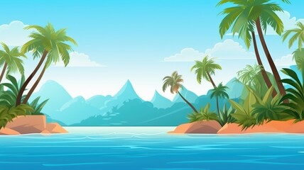Fototapeta na wymiar Cartoon illustration of a tranquil tropical island, with lush palms and a serene sea, evoking a paradise escape