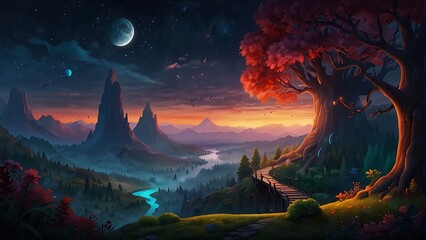 landscape with forest and mountains Enchanted Forest Mystical Fantasy Landscape 