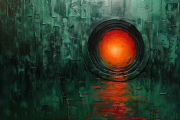 a painting of a red light on a green background