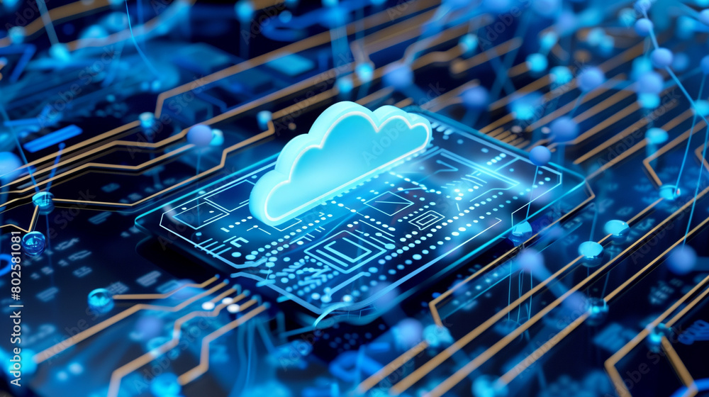 Aufkleber 3d illustration of a cloud computing icon illuminated on a high-tech circuit board with glowing blue