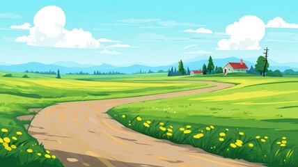 Sunny cartoon illustration of a serene summer landscape with a winding road amidst lush fields and a clear blue sky