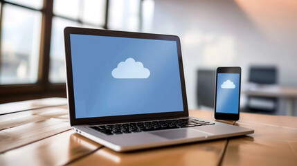 A laptop and smartphone displaying cloud icons on their screens, symbolizing cloud computing technology. AI generative.