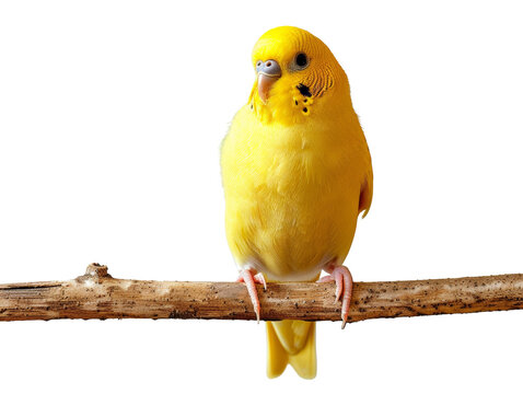 Bright yellow parakeet perched on a natural branch isolated on transparent background