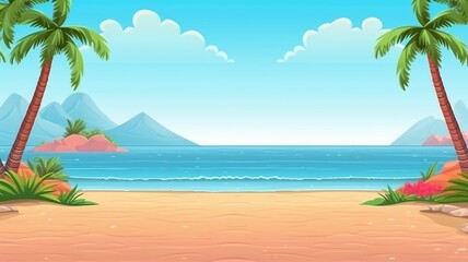 Obraz premium Sunny beach cartoon illustration with palm trees and ocean view