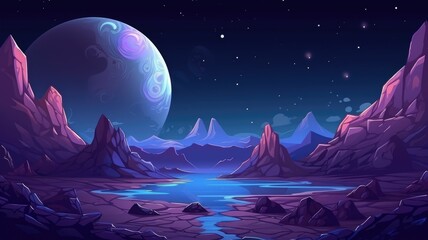 Neon night alien landscape, a cartoon illustration with a large moon and crystal formations