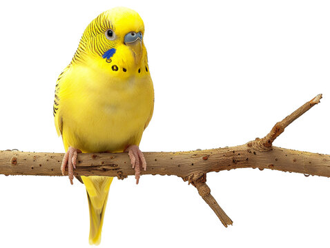 Bright yellow parakeet perched on a natural branch isolated on transparent background