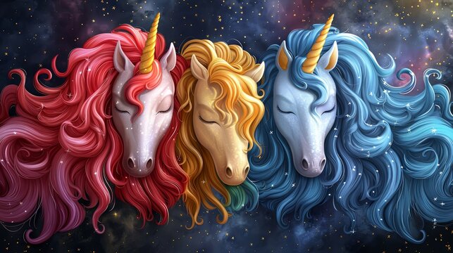 Colorful Trio of Magical Unicorns with Vibrant Manes Under a Starry Sky